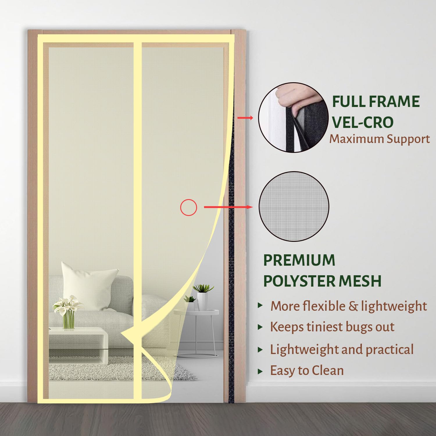 Polyester Magnetic Mosquito Net Curtain for Door-Beige