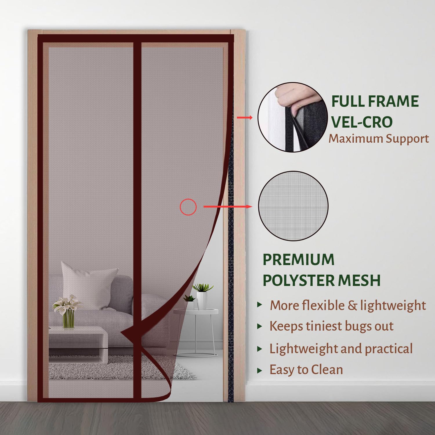 Polyester Magnetic Mosquito Net Curtain for Door- Brown