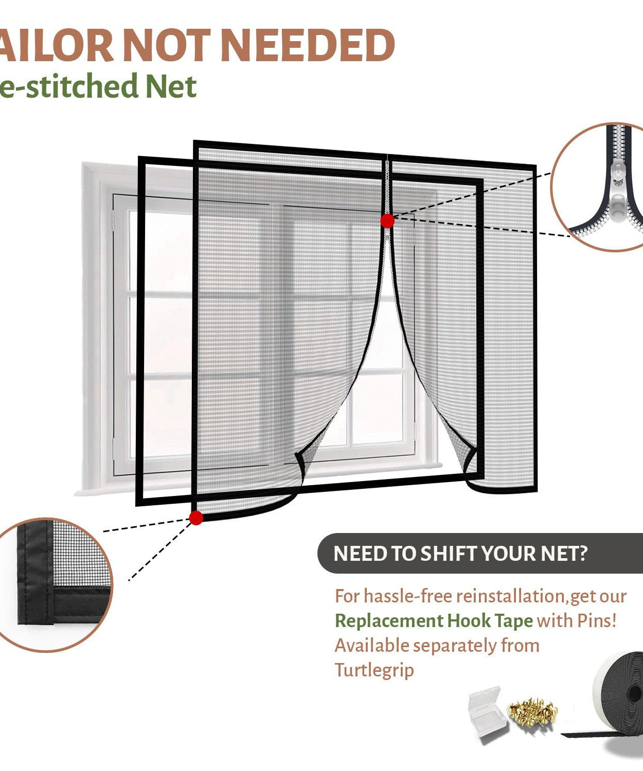TurtleGrip Fiberglass Pre-Stitched Window Mosquito Net with Zipper- Grey
