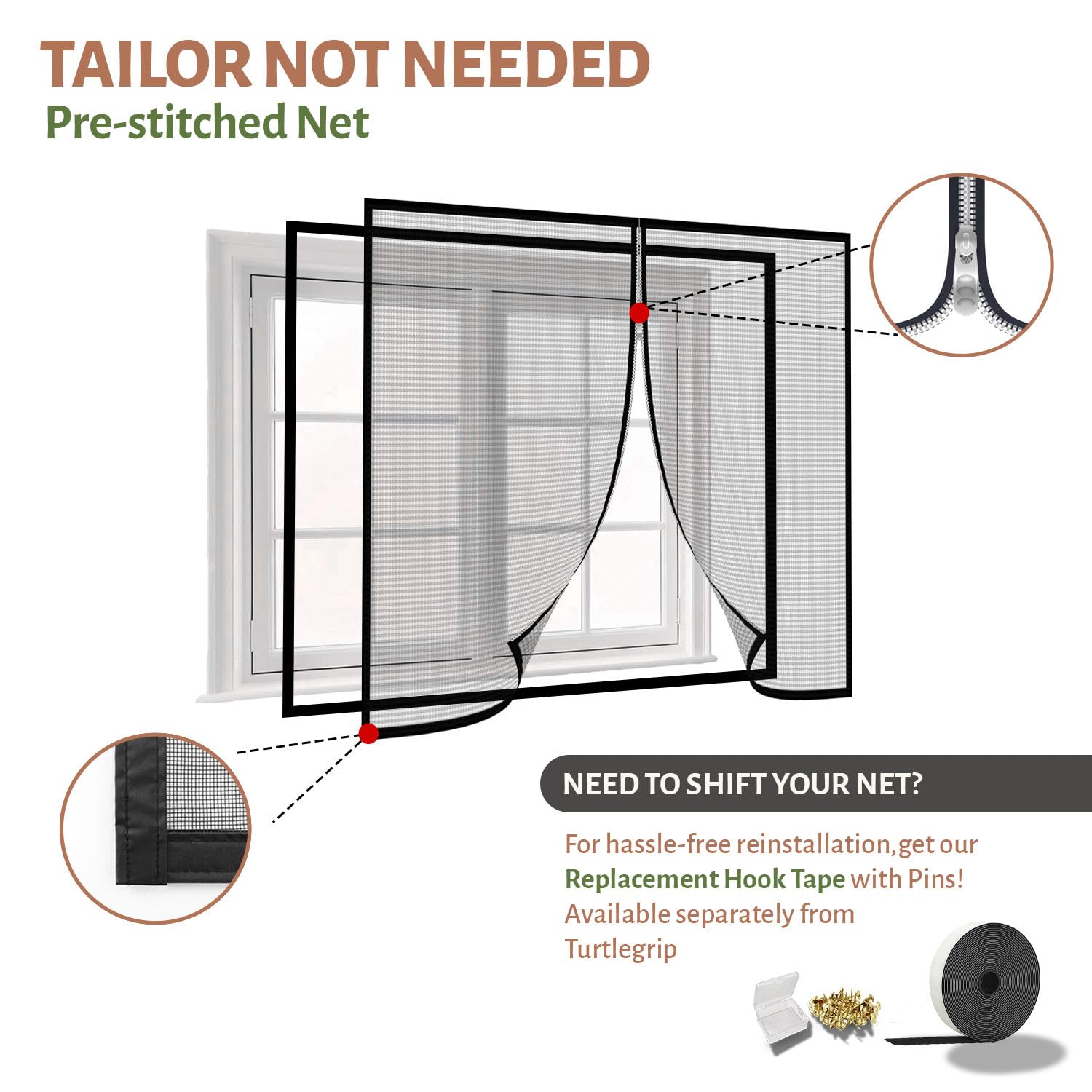 TurtleGrip Fiberglass Pre-Stitched Window Mosquito Net with Zipper- Grey