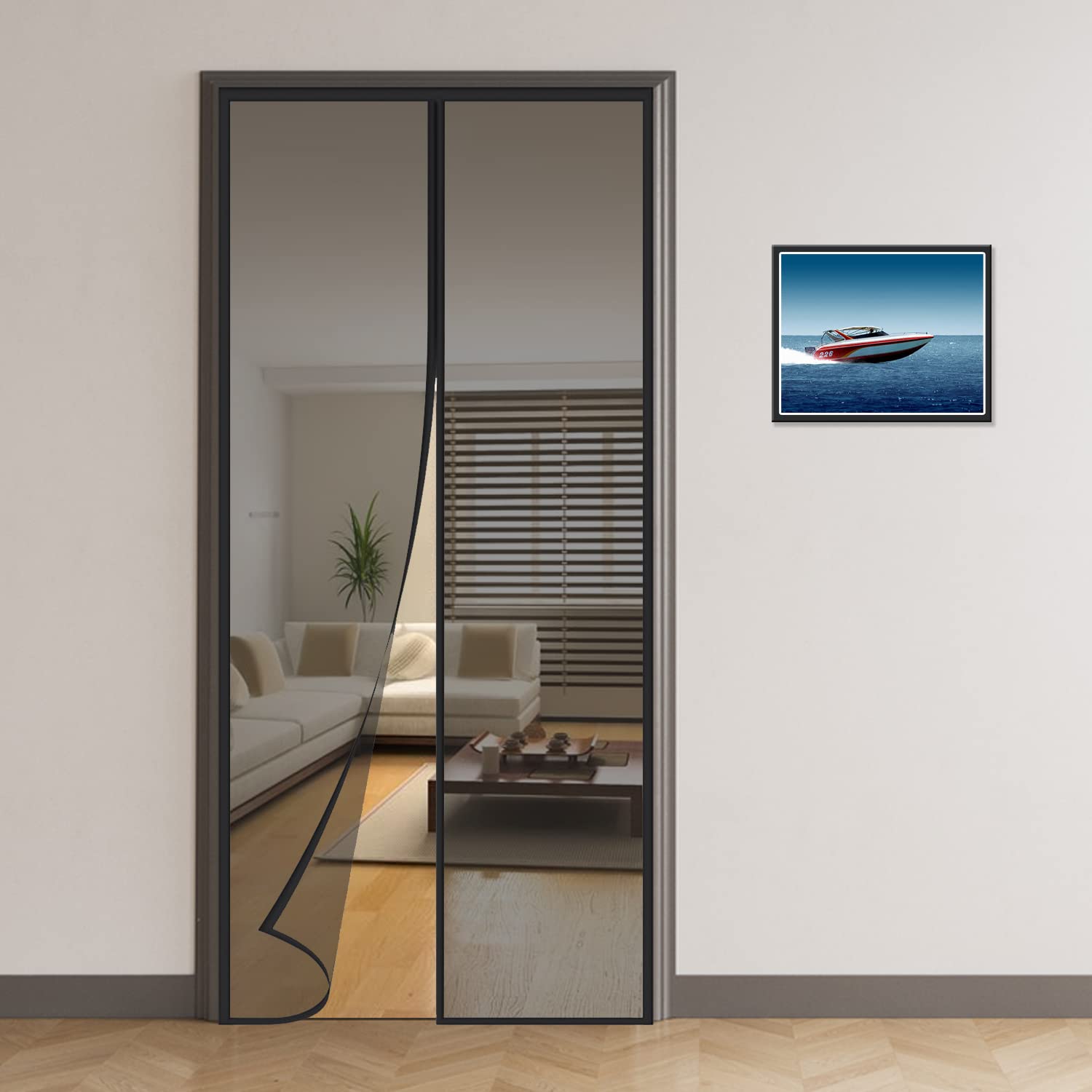 TurtleGrip Polyester Door Mosquito Net with Full Frame Hook&Loop - Bla